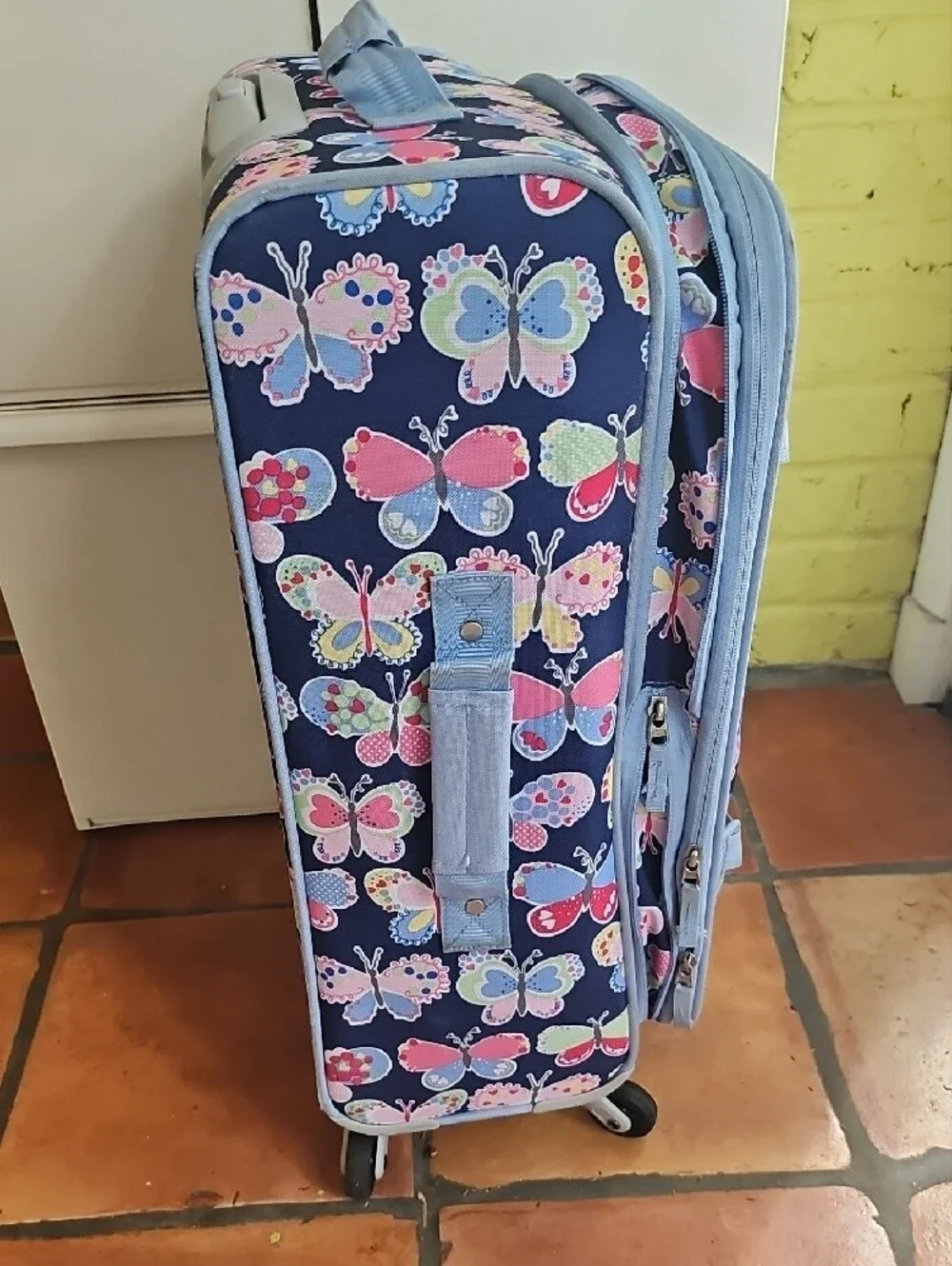 Pottery Barn Kids Navy Butterfly Rolling Suitcase with Pastel Accents